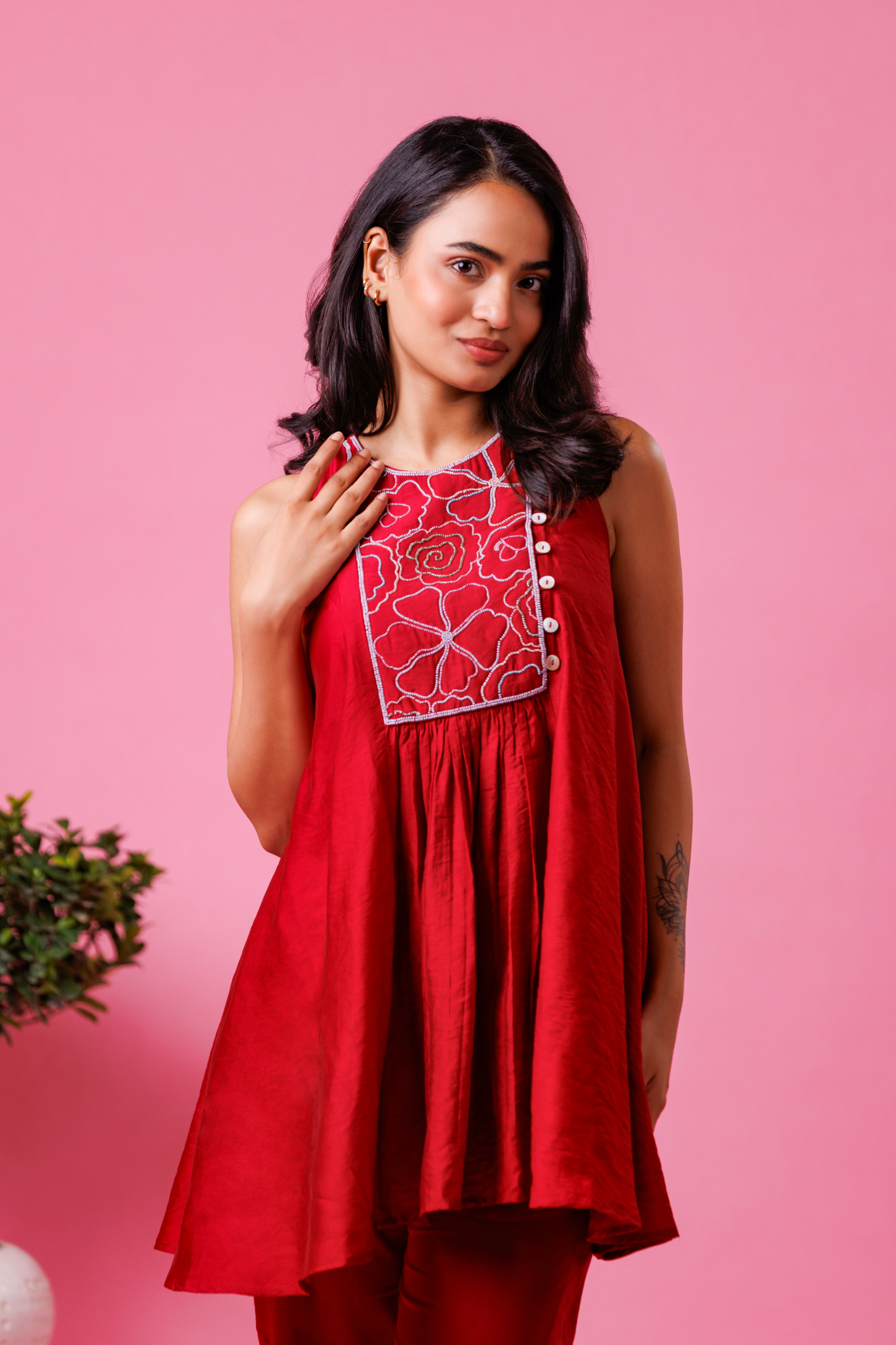 Red embroidered co-ord set for women festive wear