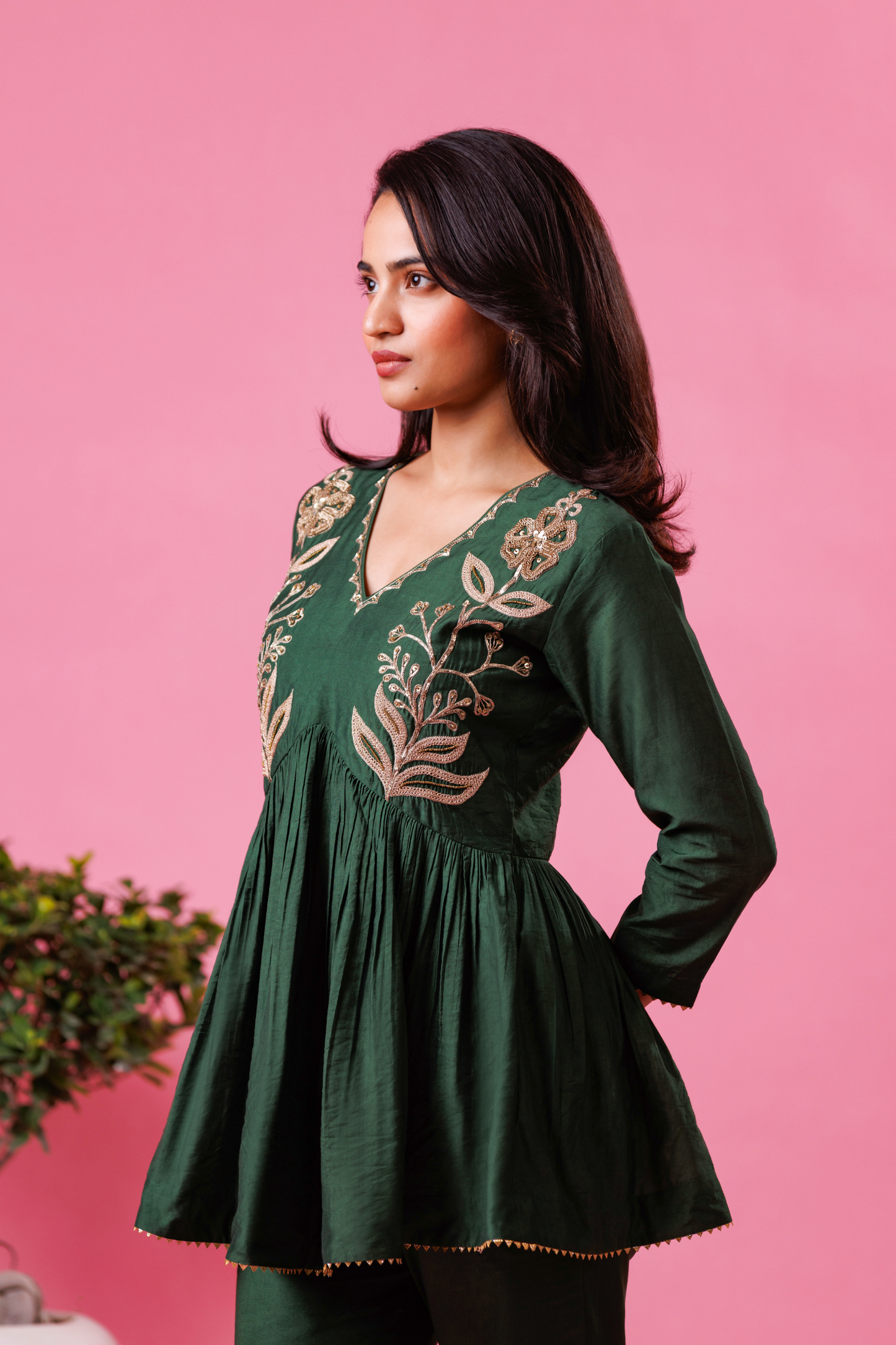 Stylish kurta pant set for women festive wear green