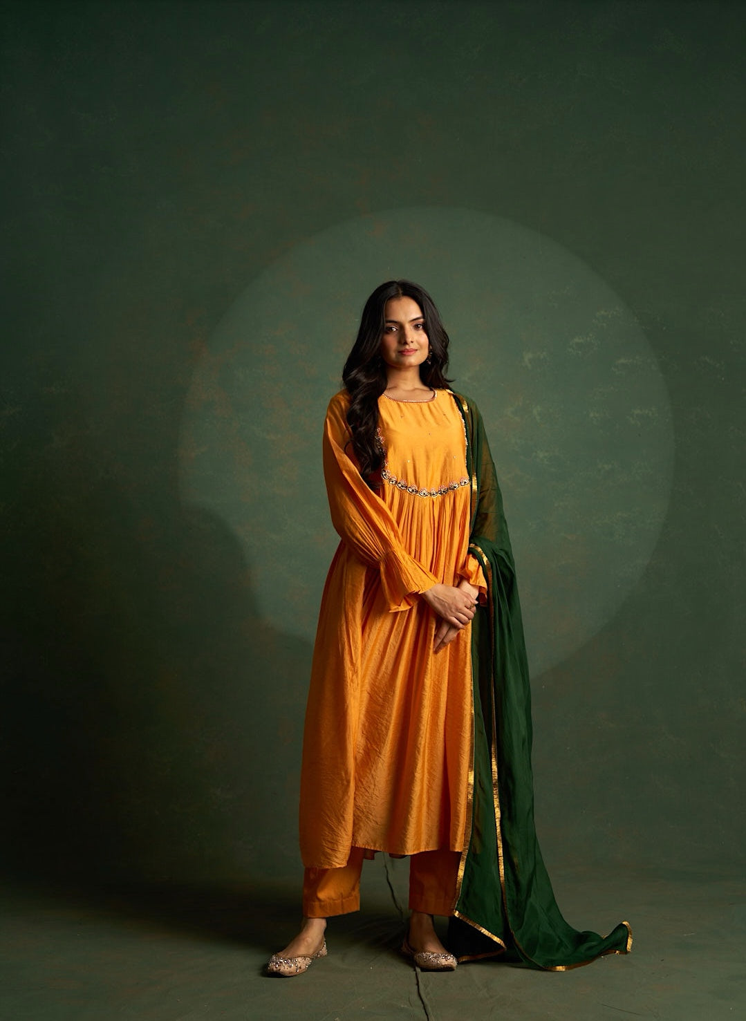Sunset Orange Choga Embroidered Kurta Set with Dark Green Dupatta (Set of 3)