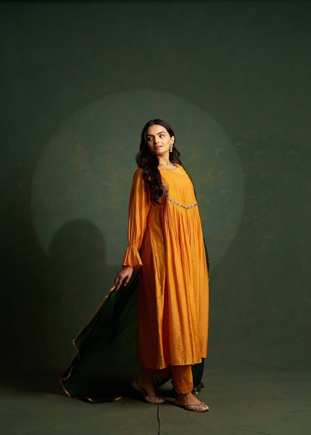 Sunset Orange Choga Embroidered Kurta Set with Dark Green Dupatta (Set of 3)