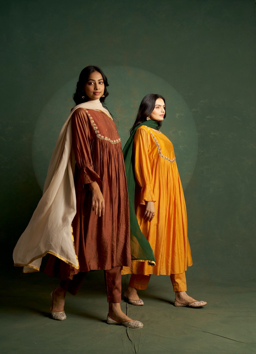 Sunset Orange Choga Embroidered Kurta Set with Dark Green Dupatta (Set of 3)