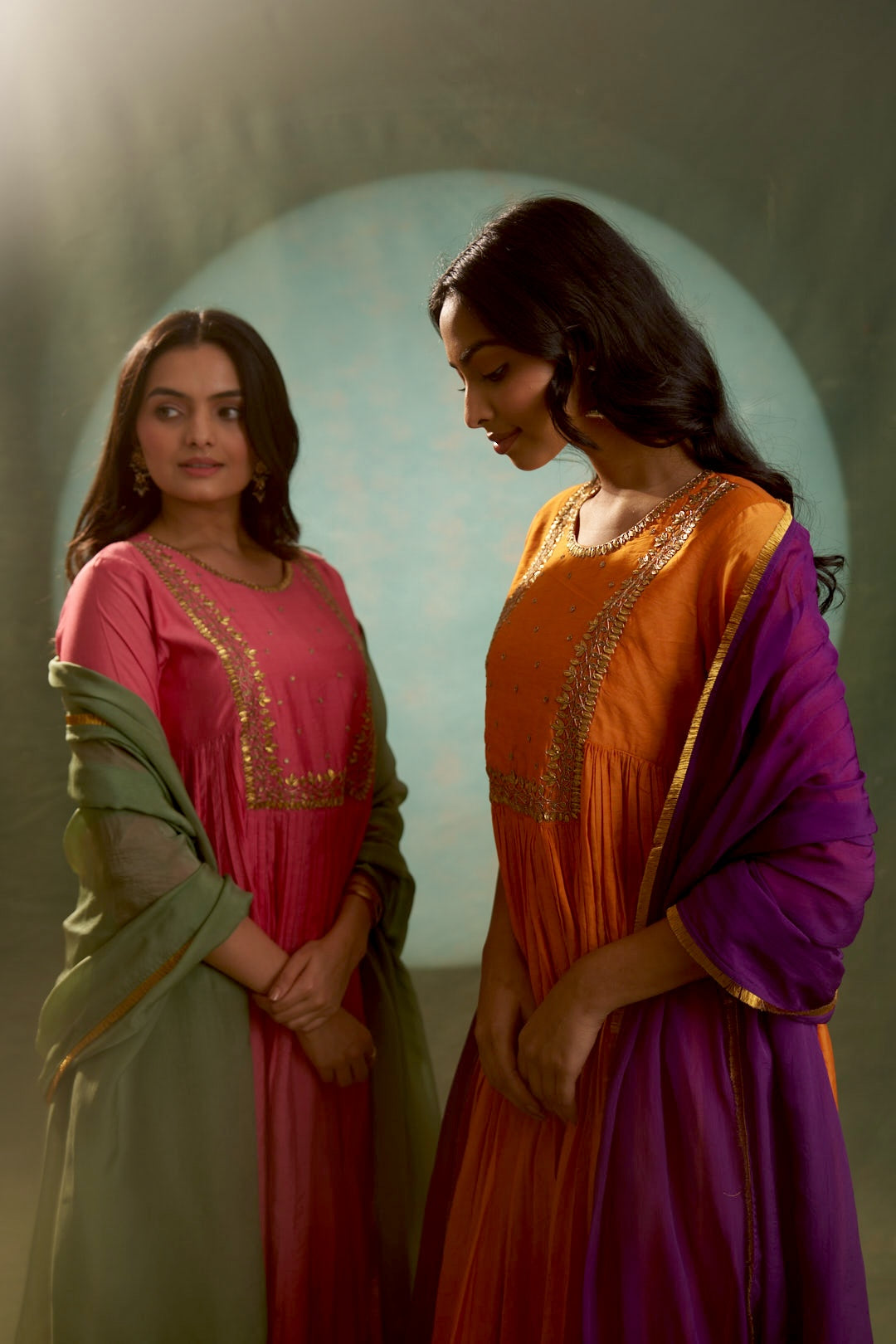 Coral Pink Choga with Lotus Embroidery Kurta Set with Green Dupatta (Set of 3)