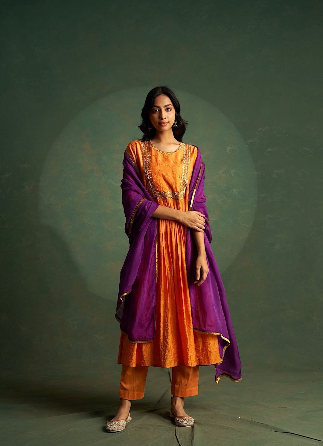 Tangerine Orange Choga With Lotus Embroidery Kurta Set with Purple Dupatta (Set of 3)