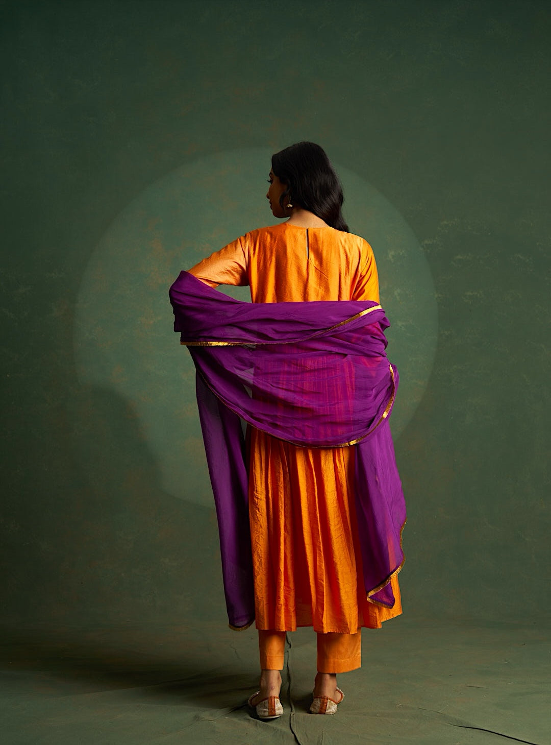 Tangerine Orange Choga With Lotus Embroidery Kurta Set with Purple Dupatta (Set of 3)