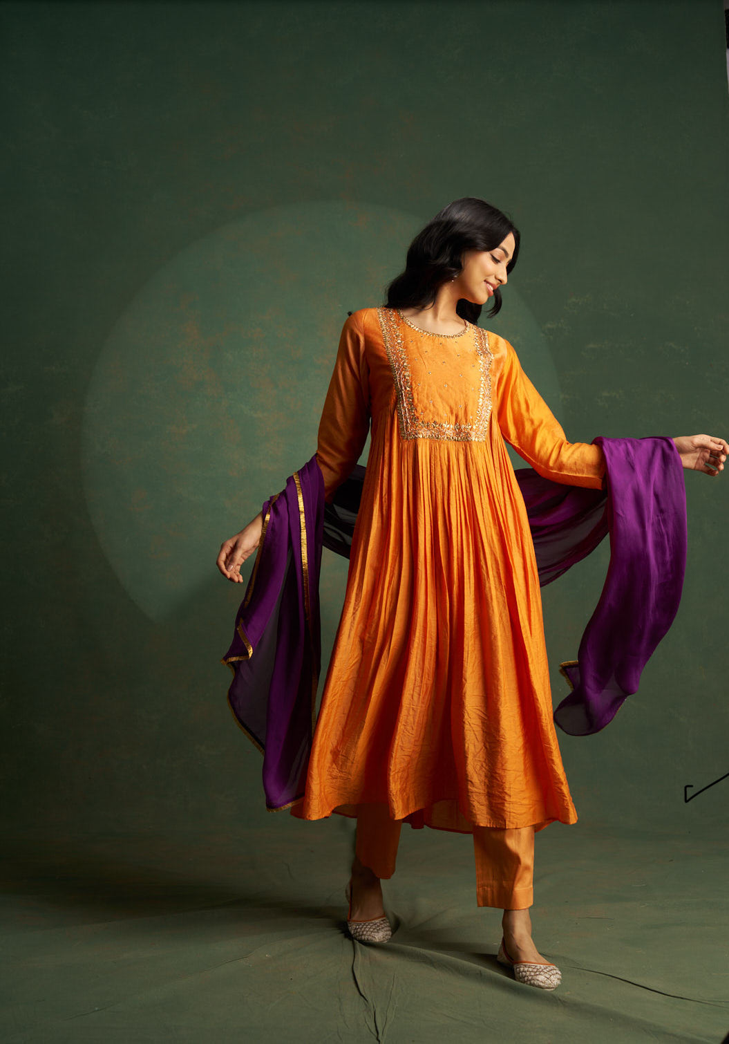 Tangerine Orange Choga With Lotus Embroidery Kurta Set with Purple Dupatta (Set of 3)