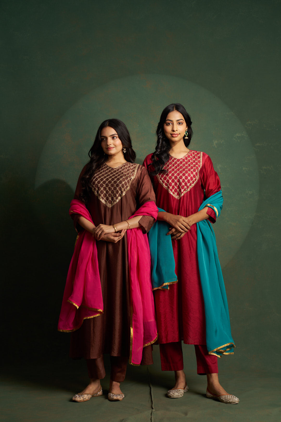 Crimson Red Anarkali Embroidered Kurta Set with Blue Dupatta (Set of 3)