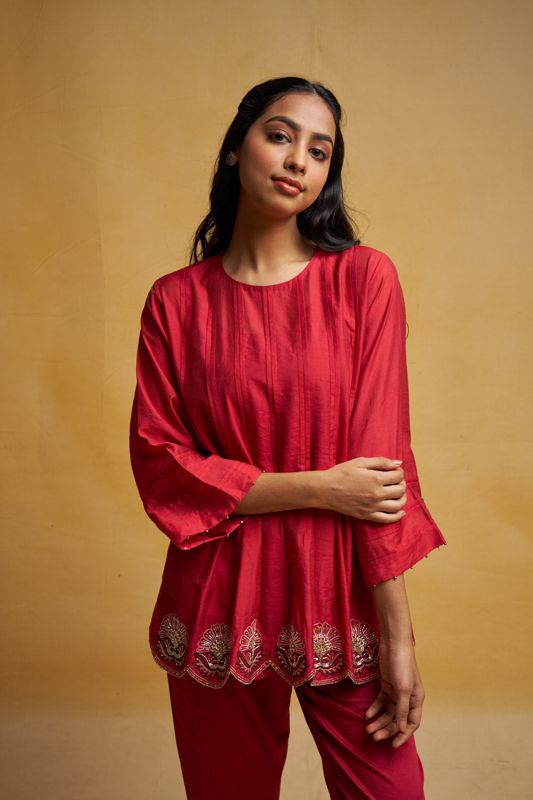 Red embroidered co-ord kurta set