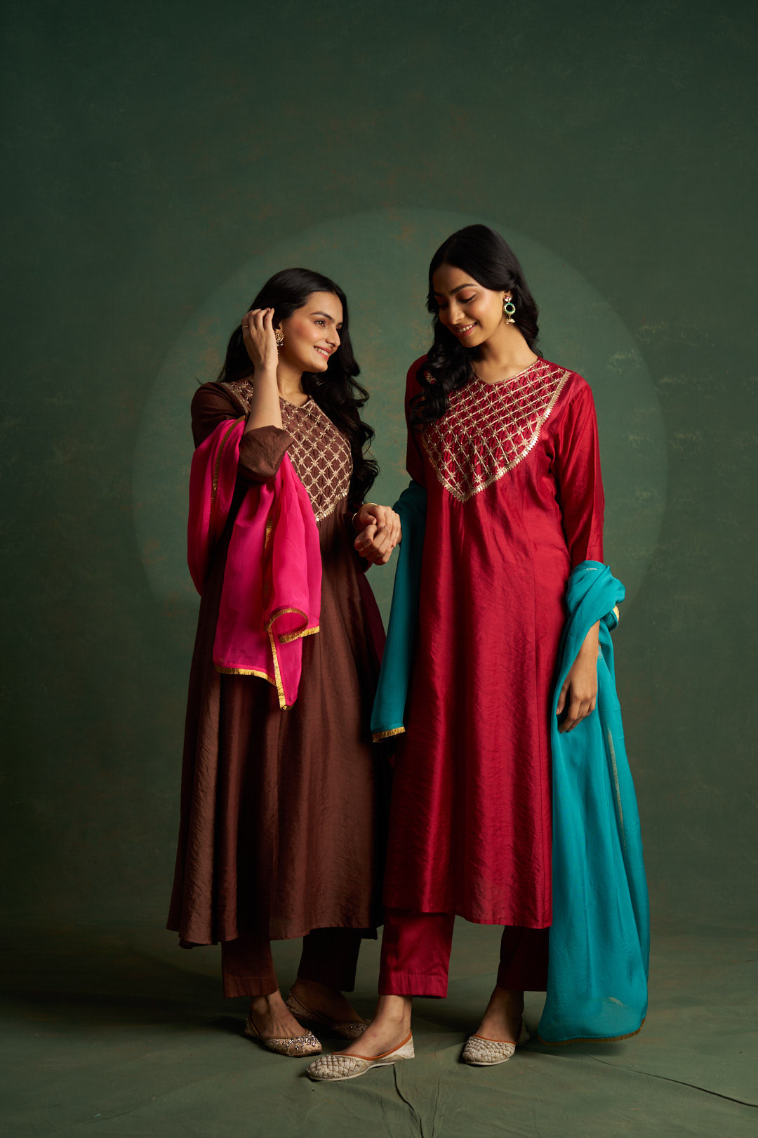 Crimson Red Anarkali Embroidered Kurta Set with Blue Dupatta (Set of 3)