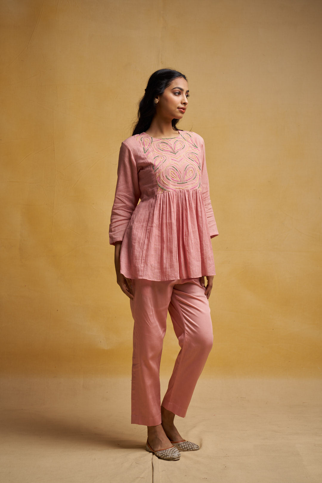 Pink embroidered kurta co-ord set for women