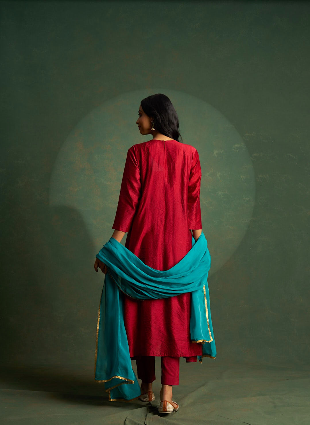 Crimson Red Anarkali Embroidered Kurta Set with Blue Dupatta (Set of 3)