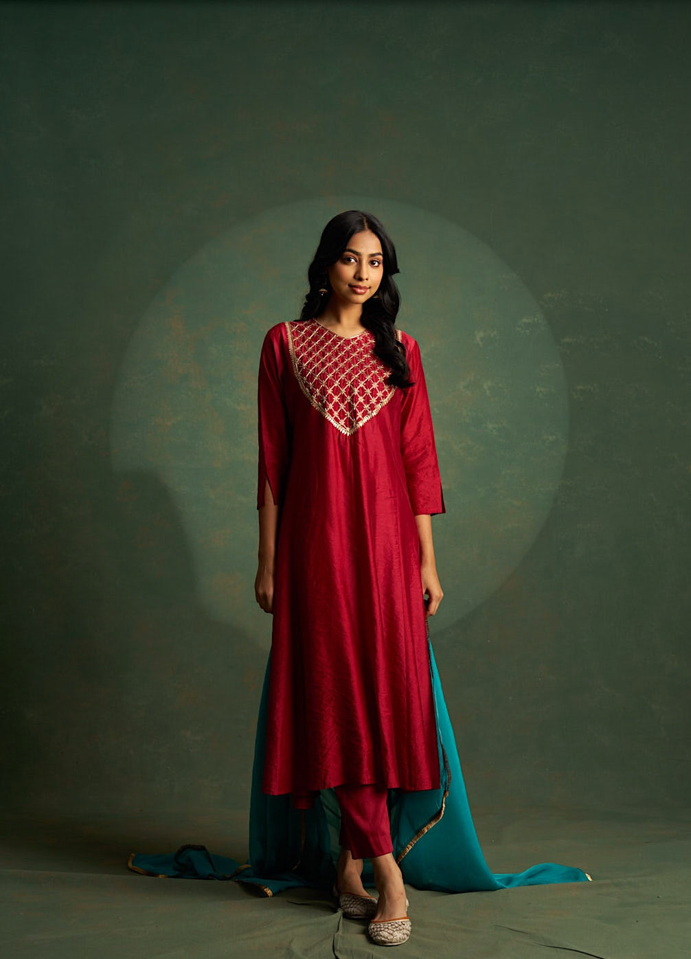 Crimson Red Anarkali Embroidered Kurta Set with Blue Dupatta (Set of 3)