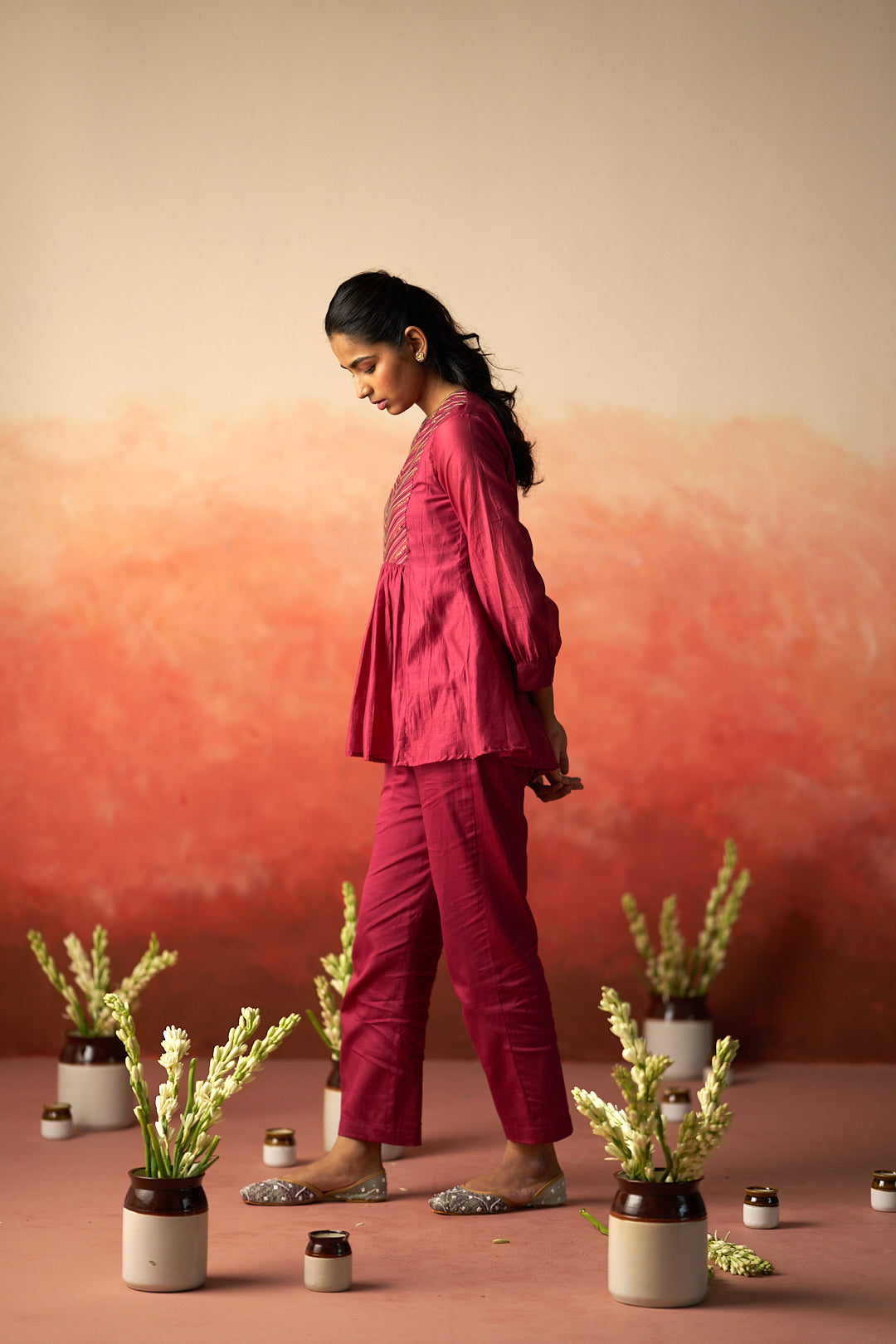 Maroon embroidered kurta set