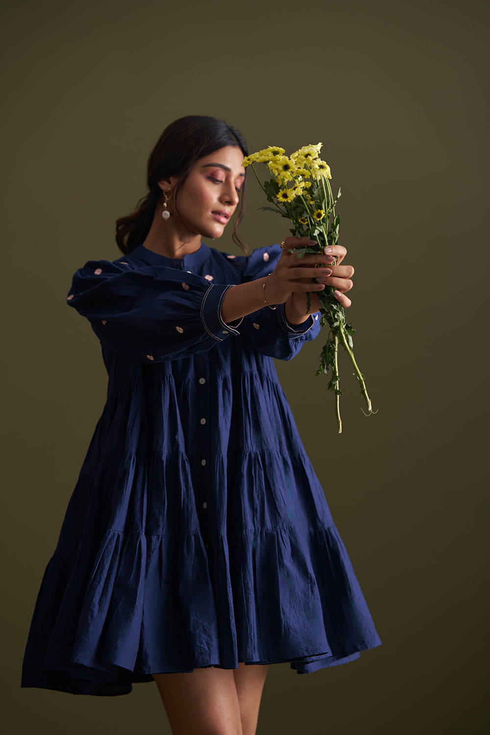 Blue Pea Tiered Short Dress for Women