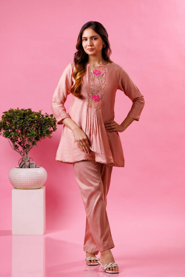 Peach kurta pant set for women festive wear
