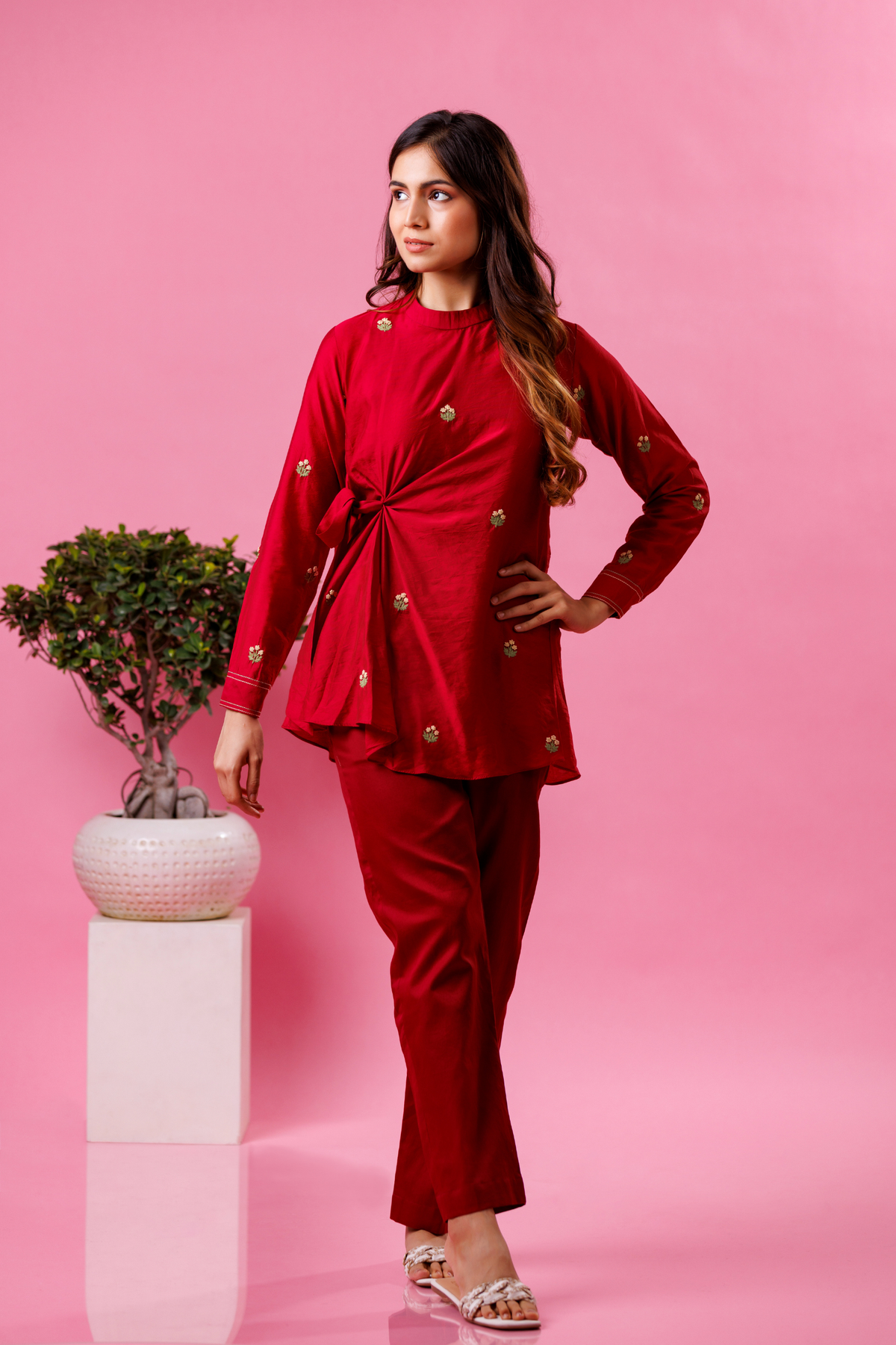 Red kurta pant set for women festive wear

