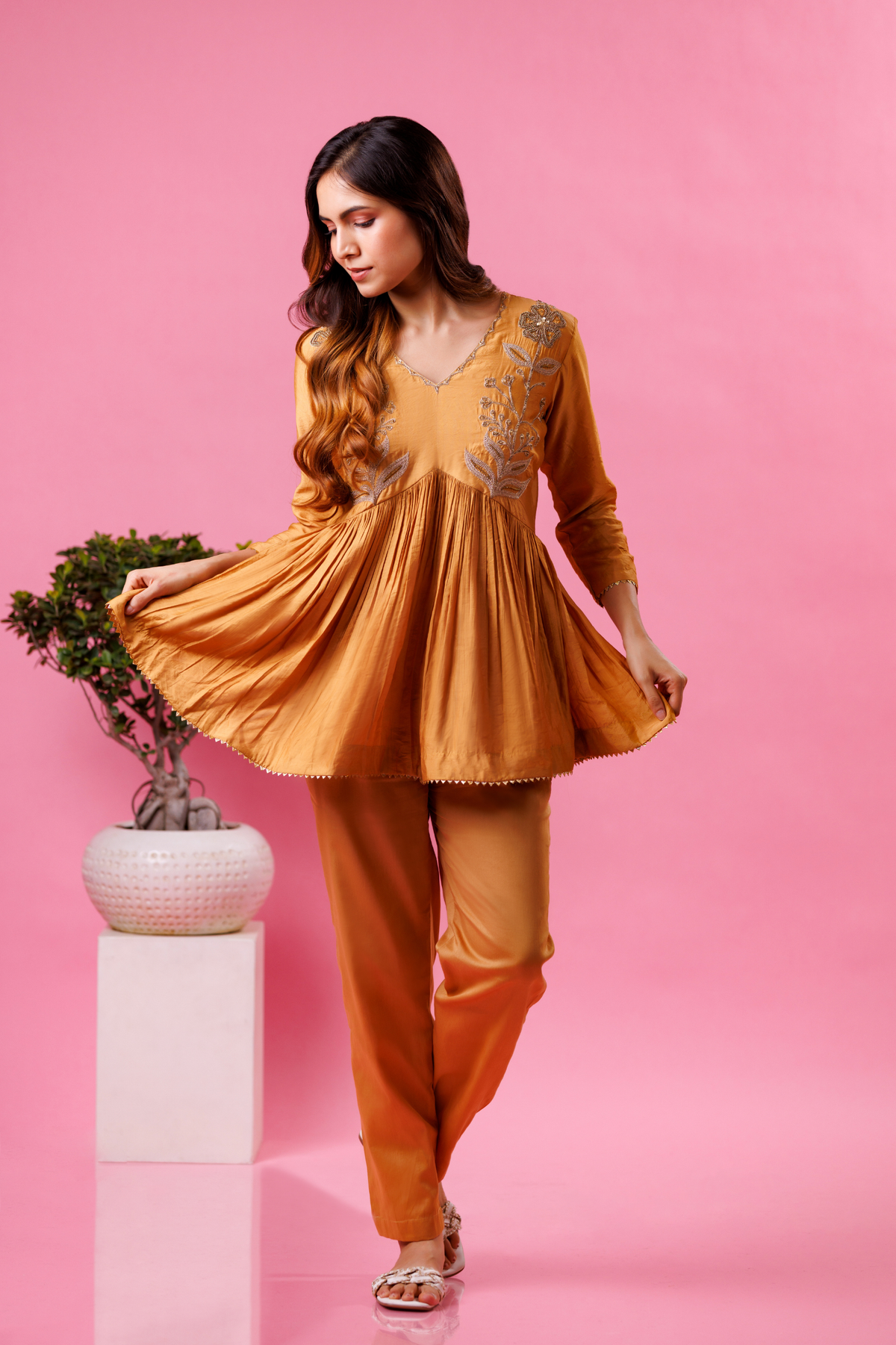 Mustard yellow kurta pant set for women wedding wear
