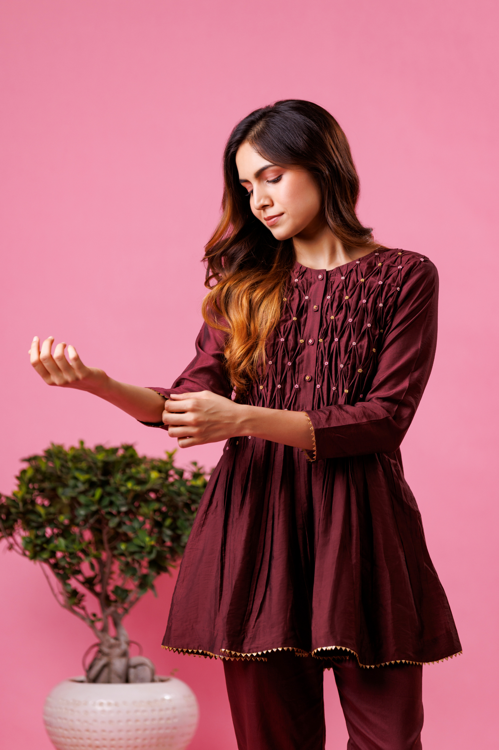 Maroon kurta pant set for women party wear
