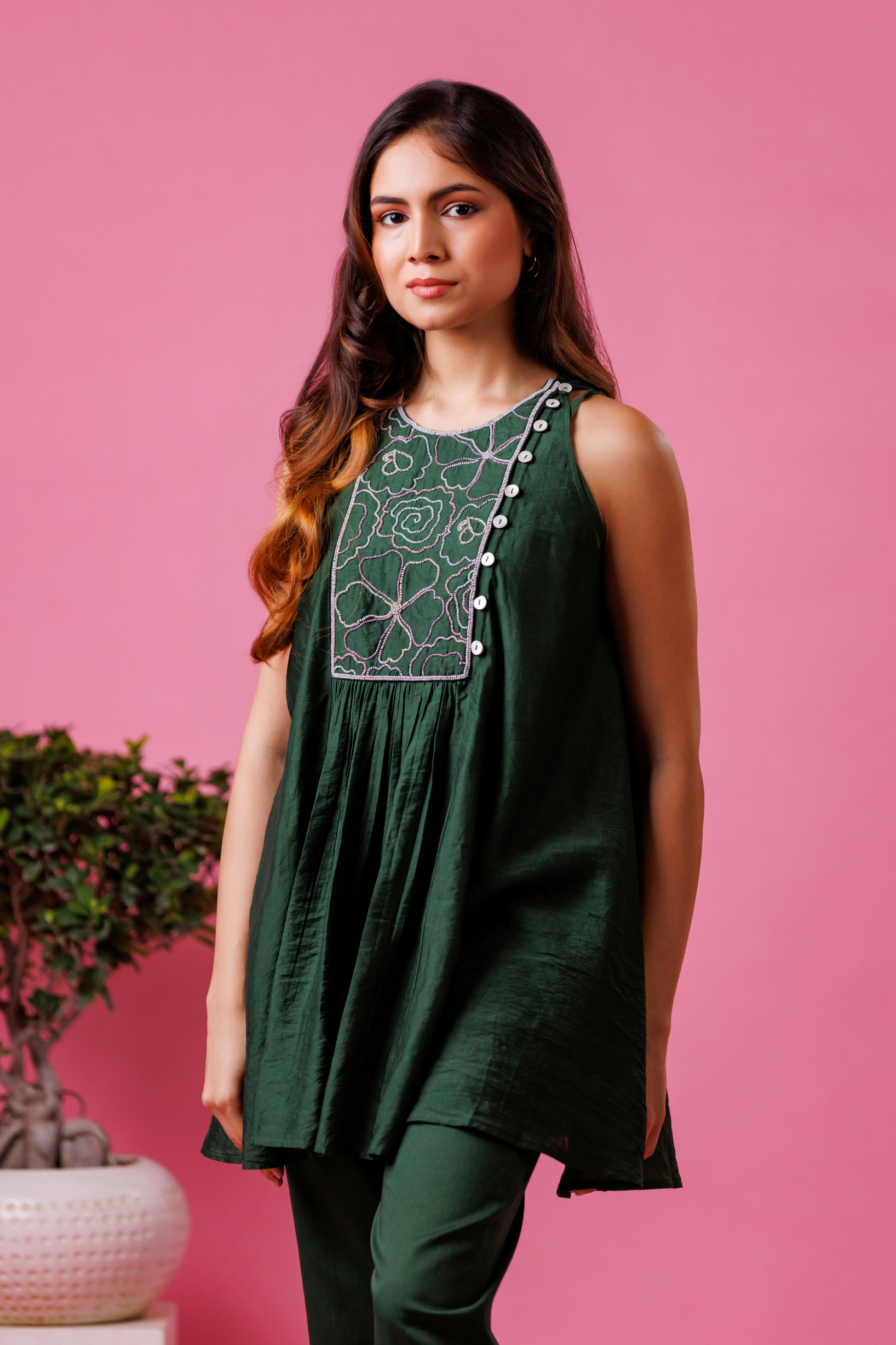 Dark green embroidered co-ord set for women festive wear
