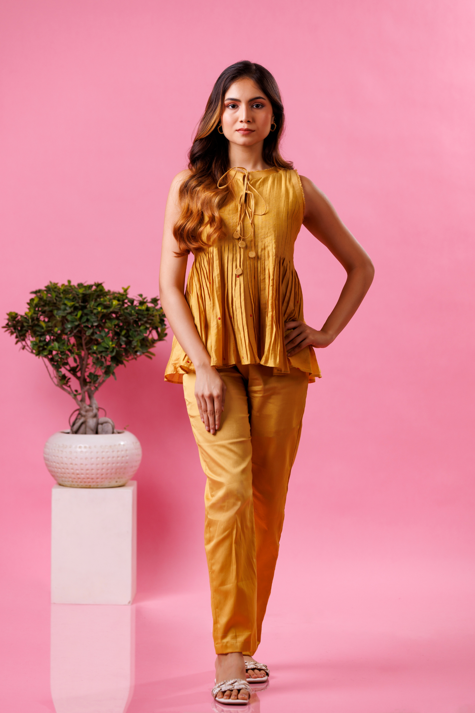 Yellow kurta pant set for women festive wear
