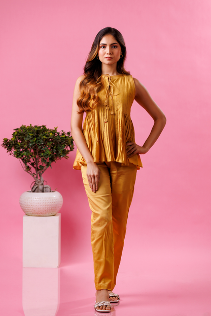 Yellow kurta pant set for women festive wear
