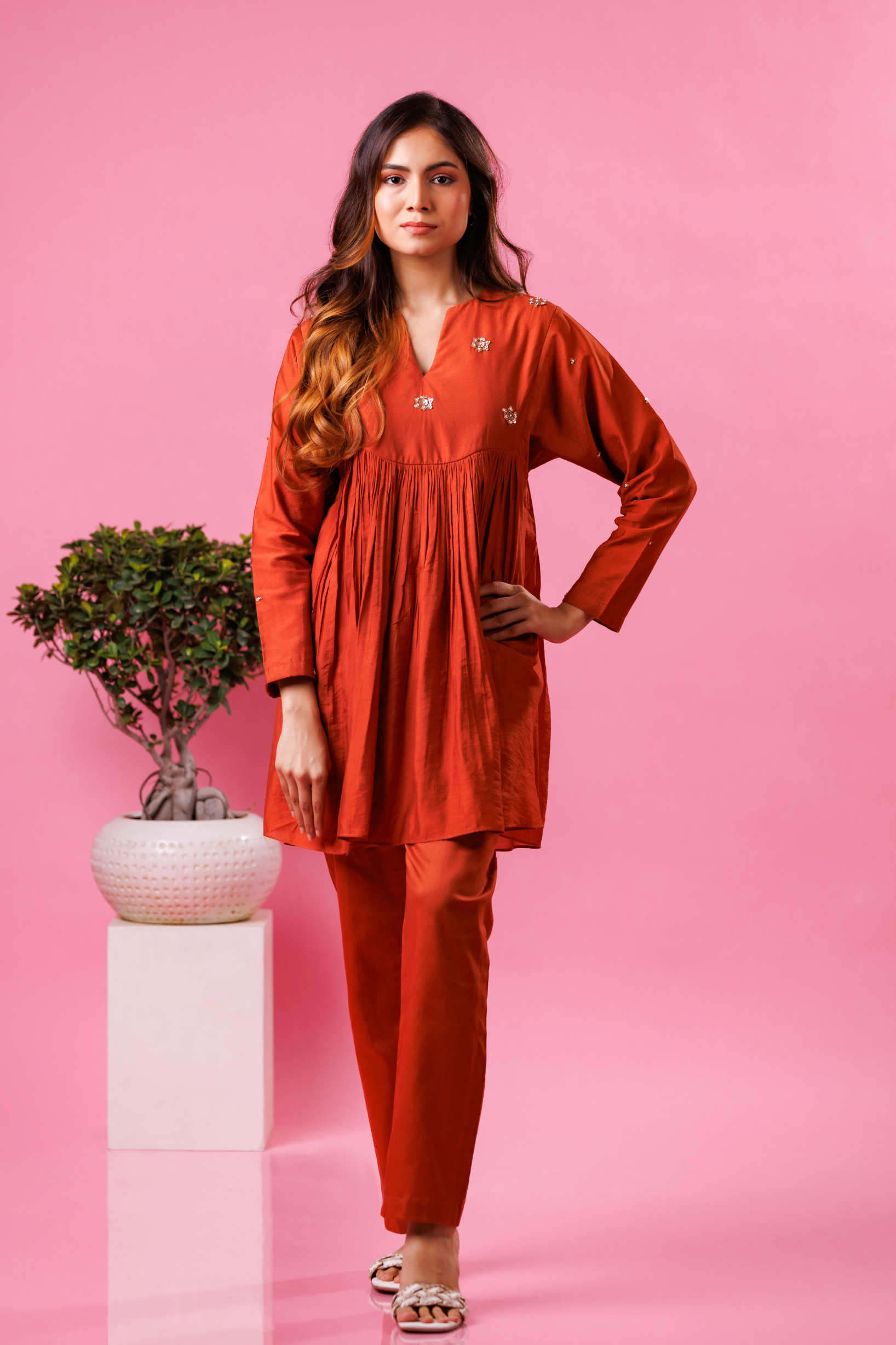 Rust orange co-ord set for women festive wear
