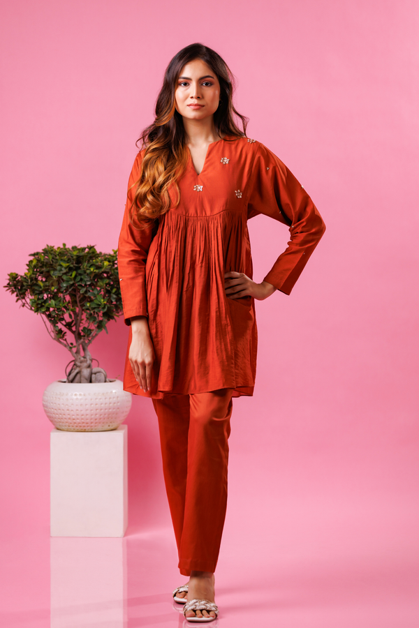 Rust orange co-ord set for women festive wear
