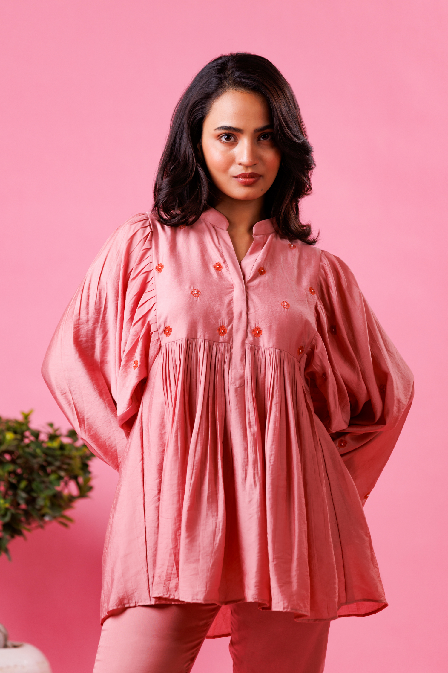 Pink kurta pant set for women festive wear
