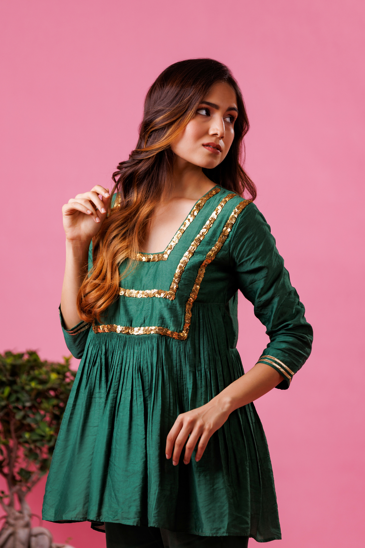 Dark green kurta pant set for women festive wear
