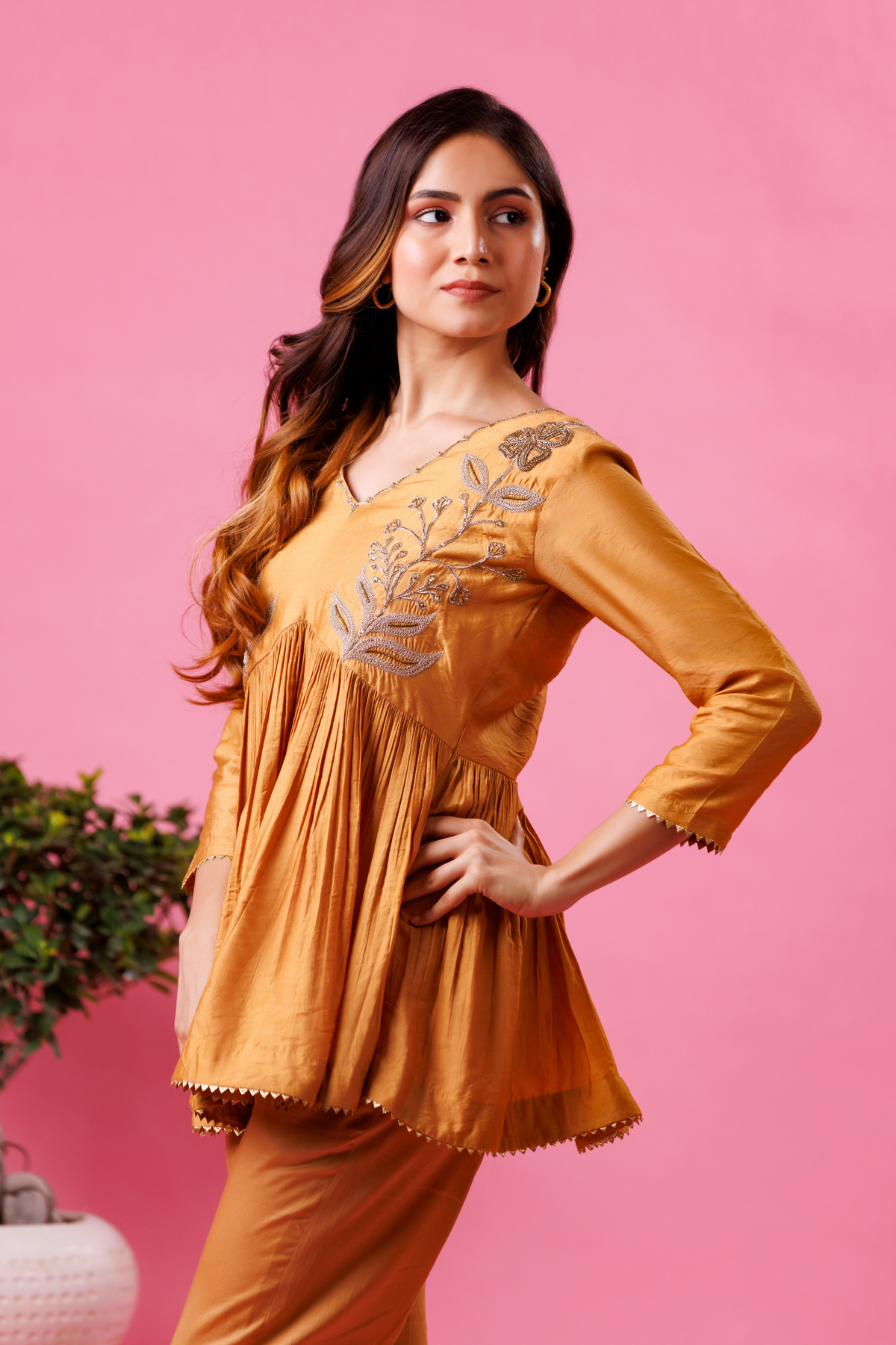 Designer yellow kurti pant set premium festive outfit