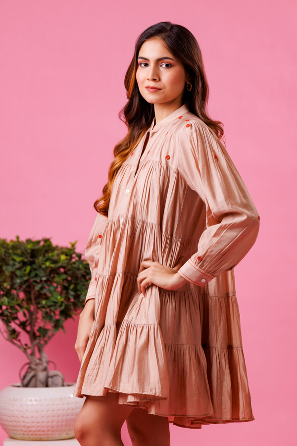 Beige flared dress for women festive wear
