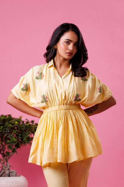 Yellow flared co-ord set for women festive wear
