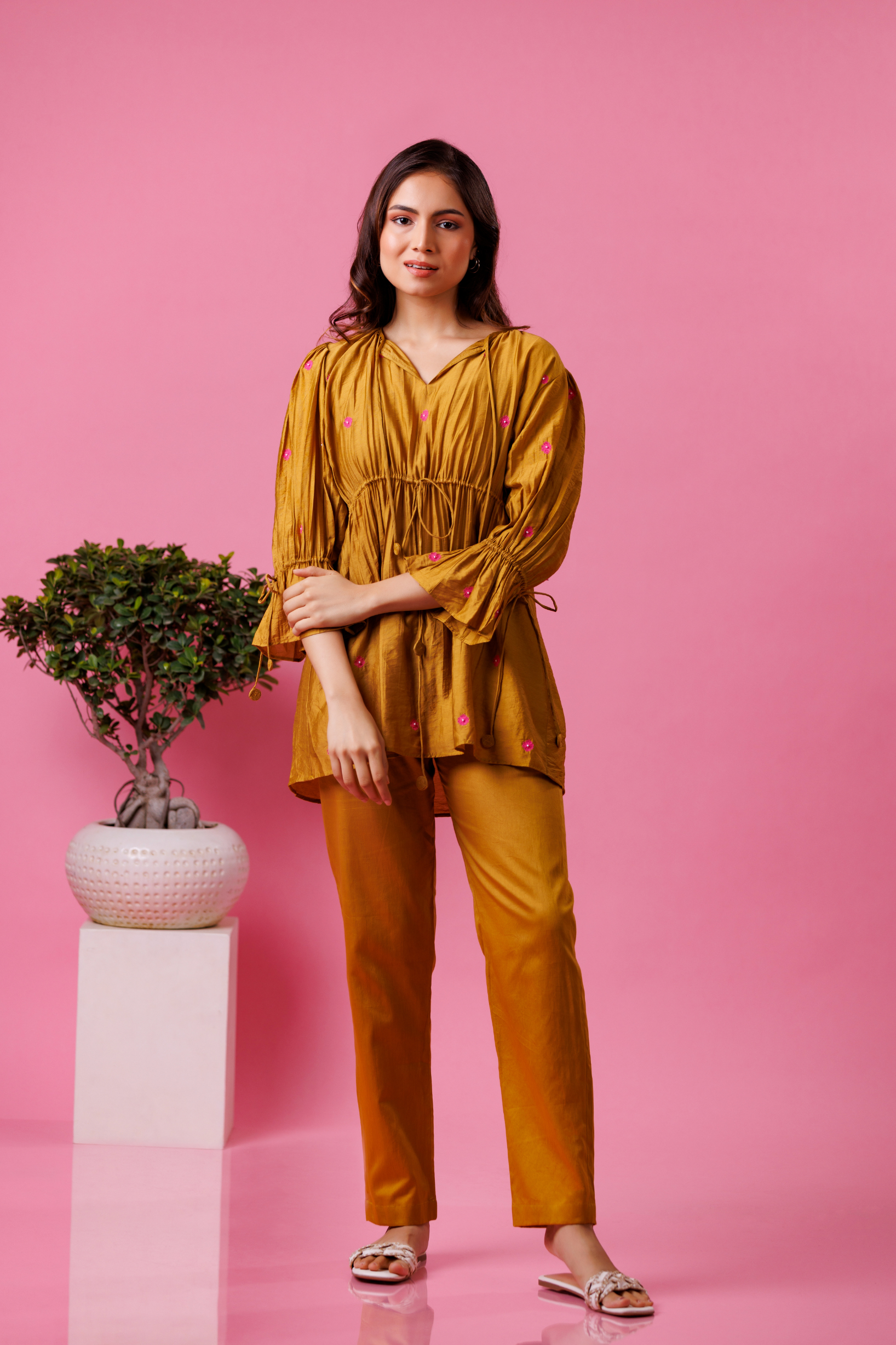 Golden yellow co-ord set for women festive wear