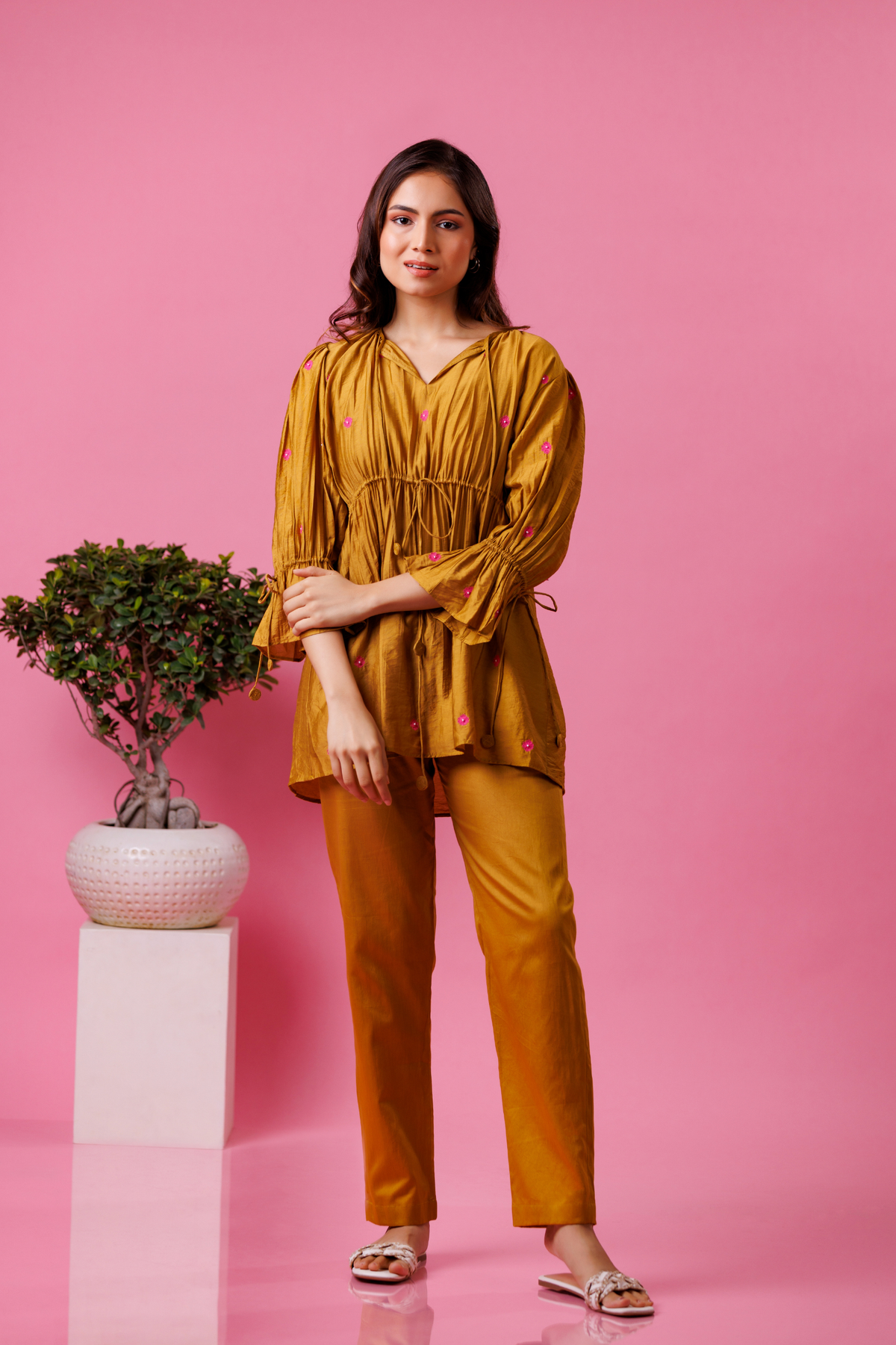 Golden yellow co-ord set for women festive wear