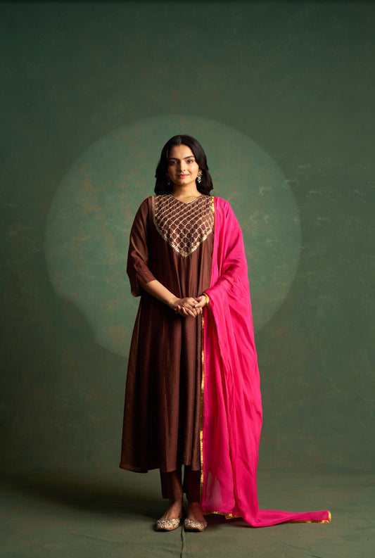 Brown Anarkali Embroidered Women
