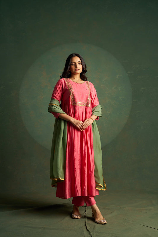 Coral Pink Choga with Lotus Embroidery women