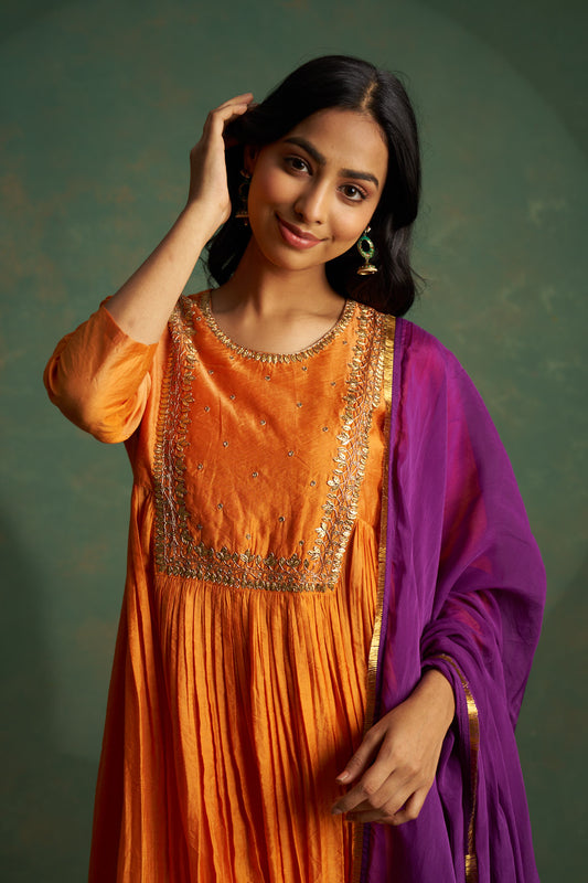 Orange Choga With Lotus Embroidery