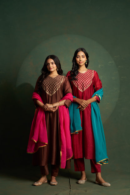 Crimson Red Anarkali Embroidered Kurta Set with Blue Dupatta (Set of 3)