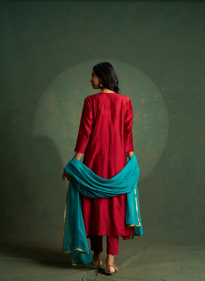 Crimson Red Anarkali Embroidered Kurta Set with Blue Dupatta (Set of 3)