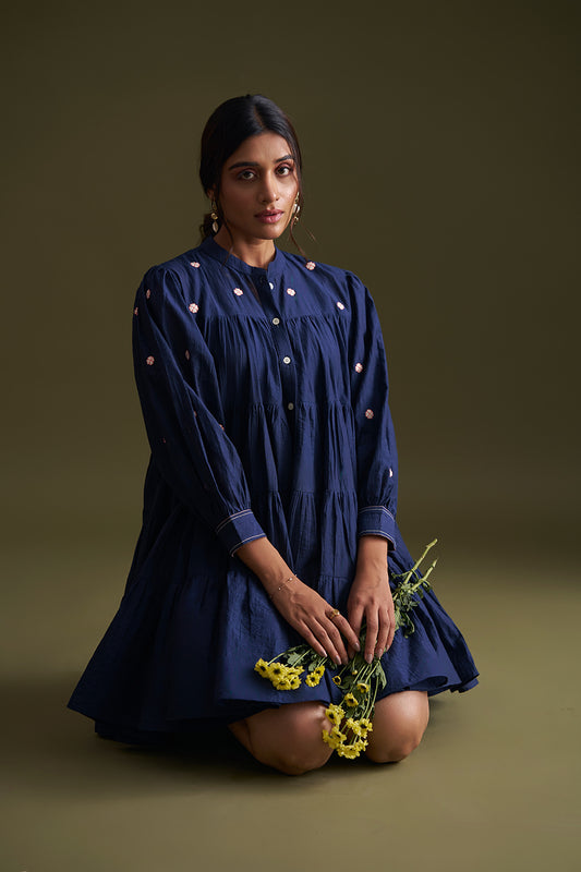 Blue Pea Tiered Short Dress for Women